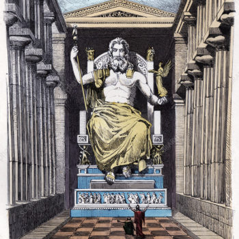 Statue of Zeus at Olympia. 1880 German engraving of people worshipping at the giant statue of Zeus at Olympia, Ancient Greece. This statue was one of the Seven Wonders of the Ancient World and stood 12 metres high inside the Temple of Zeus in Olympia. It was carved by the great sculptor Phidias and inlaid with ivory, ebony, gold and precious stones. The Olympic Games are thought to have originated in Olympia in 766 BC and had great religious importance, with contests alternating with sacrifices and ceremonies in honour of the god Zeus.